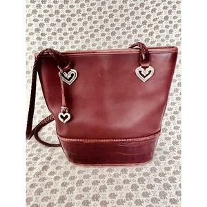 Brighton Solid Brown Woven Leather Shoulder Bag Bucket Purse Silver Hearts VTG